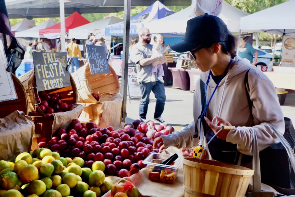 woman in cap and grey hoodie with wooden basket picking fruits at a farmers market in irvine