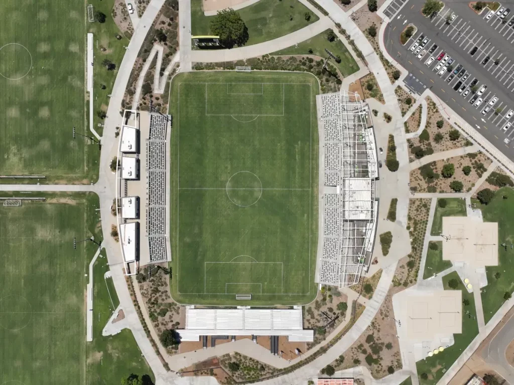 aerial view of championship soccer stadium at great park