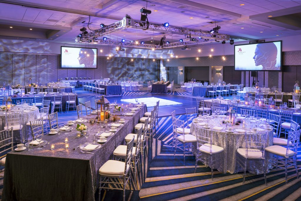 big ballroom with chandelier and elegant table and chair set up at irvine marriott