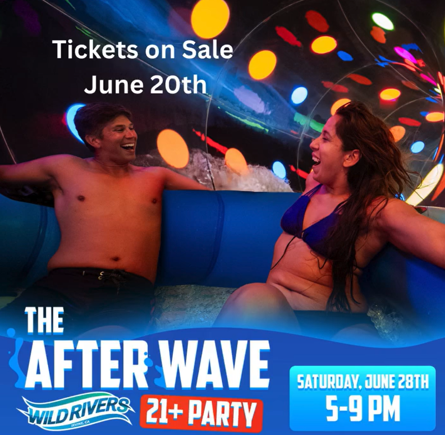 Wild Rivers After Wave event invitation with man and woman on inflatable