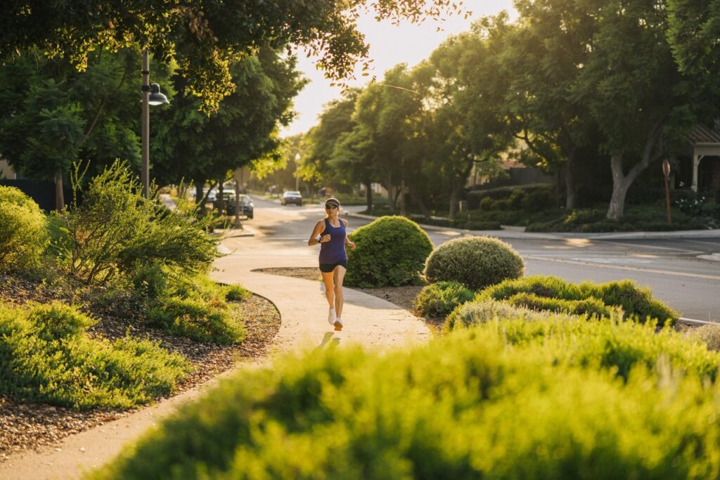 woman with cap and shades running on a residential trail