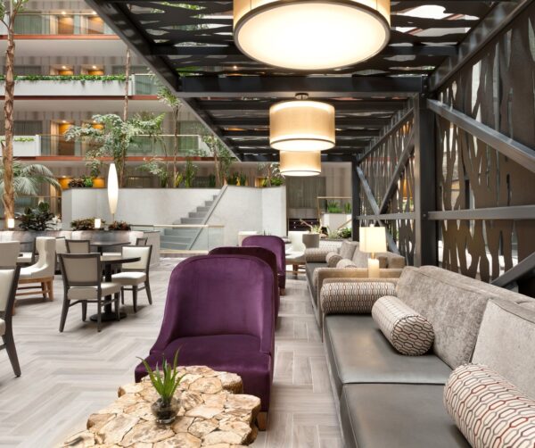 lobby area with purple chairs at embassy suites
