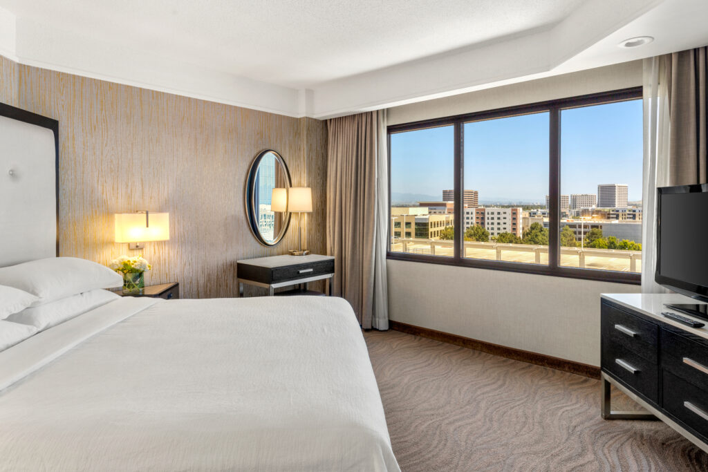 hotel room with one bed with glass windows overlooking the city at embassy suites