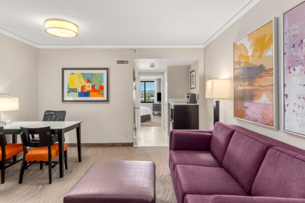 room suite at embassy suites with purple coffee table and sofa