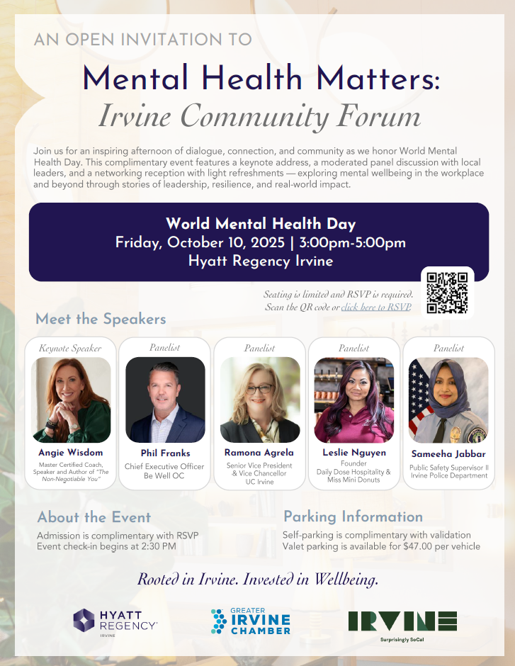 invitation flyer with information on mental health matters event for world mental health day at hyatt regency irvine with information on the speakers angie wisdom, phil franks, ramona agrela, leslie ngyen and sameeha jabbar