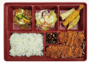 bento box with rice, noodle, chicken, vegetable, eggroll, tempura and dumpling