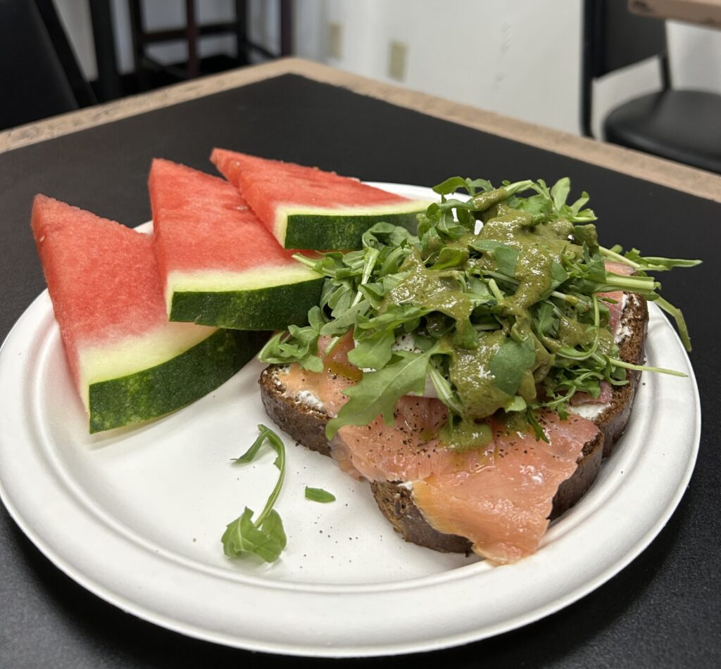 a plate of three watermelon fruits and smoked salmon toast at irvine breakfast club eatery