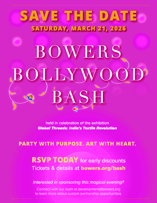 pink save the date flyer for bowers museum's bollywood bash