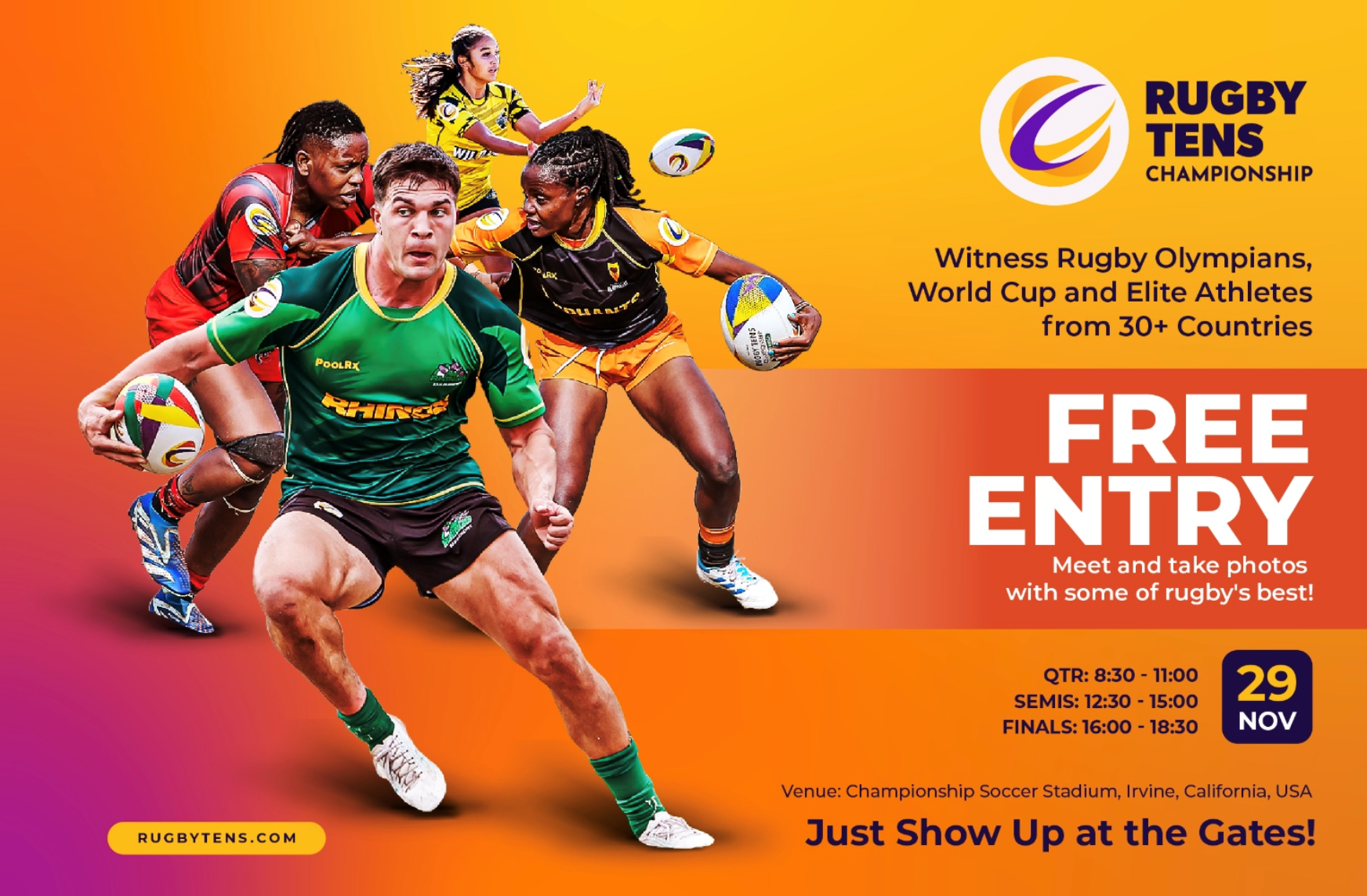 Flyer Invitation for Rugby Tens Championship free entry at great park on november 29