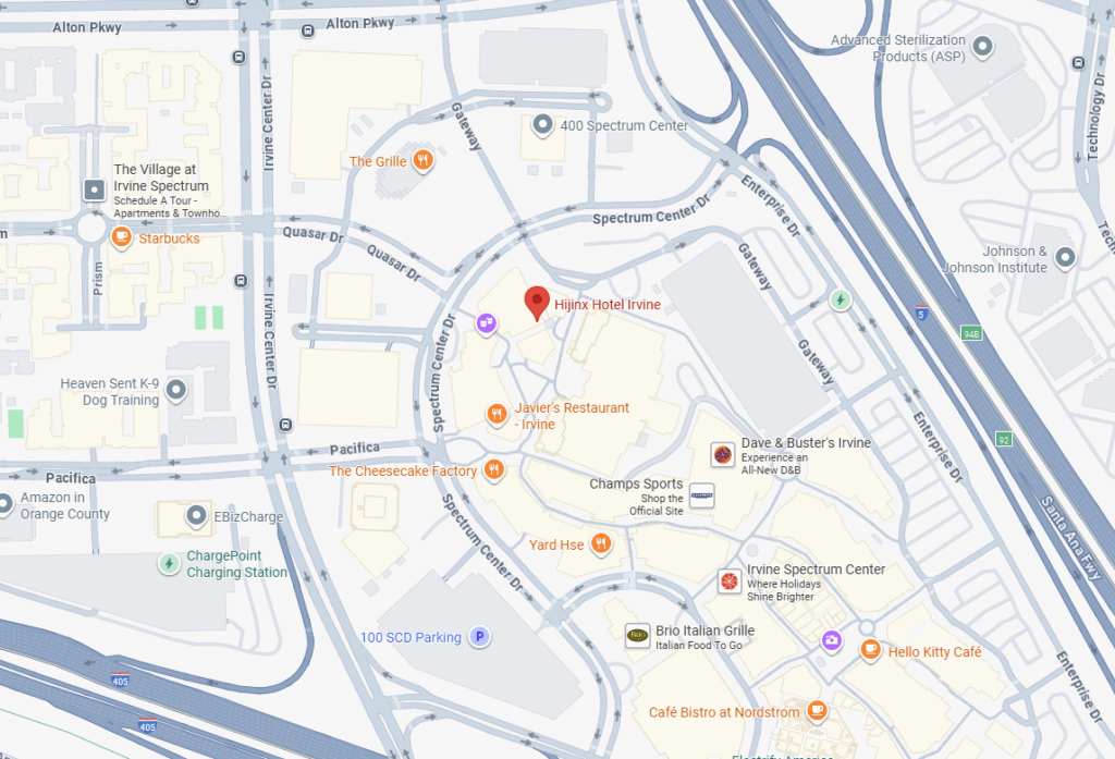 map of irvine spectrum showing location of hijinx hotel