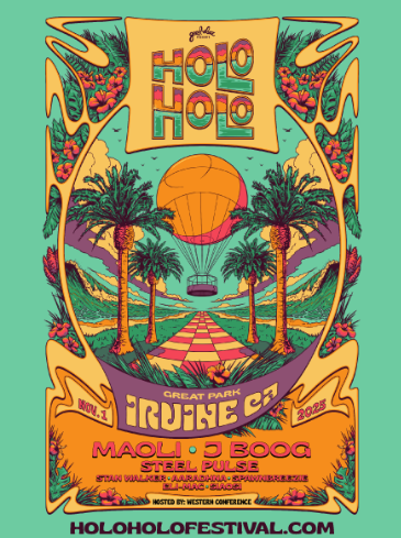 digital posted for holo holo event in irvine great park showing artwork of great park balloon