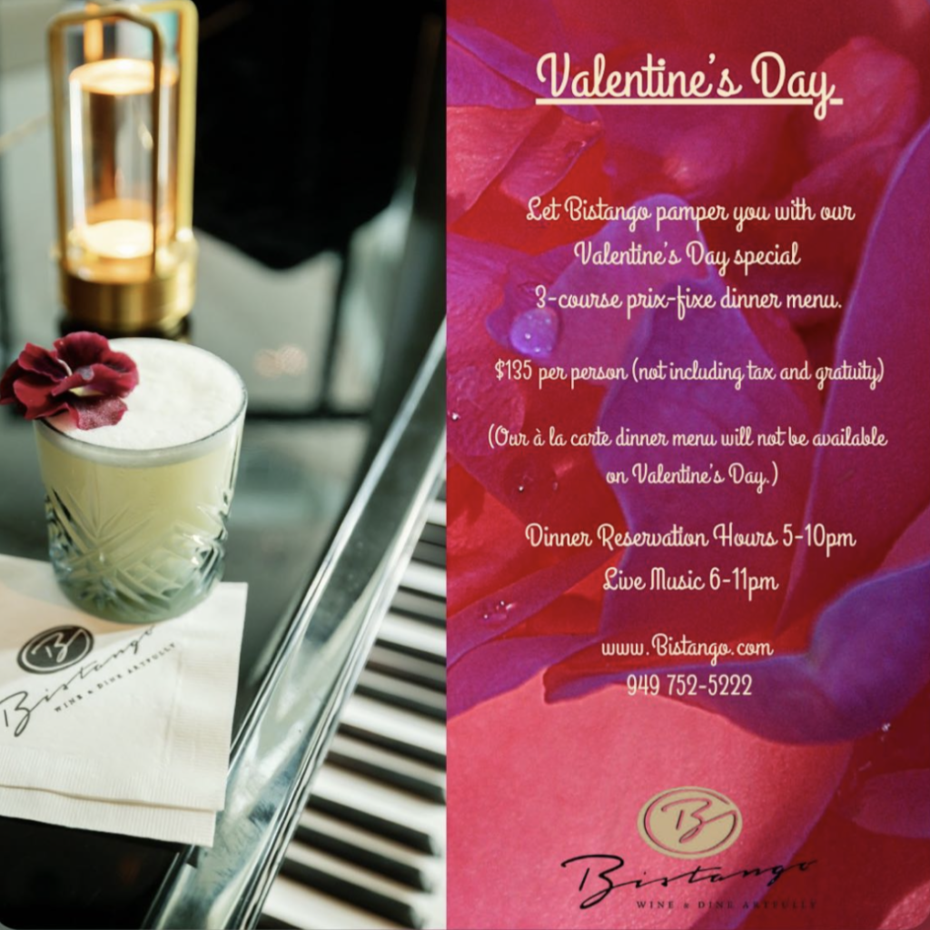 digital artwork of valentine's day 3 course offering at bistango restaurant