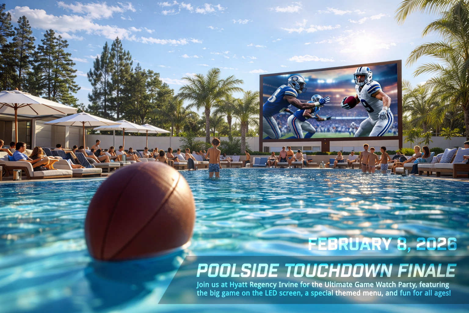 digital artwork showing a big screen with a football game on, a pool, guests sitting on pool chairs on the side and some kids in the pool with text poolside touchdown finale february 8 2026