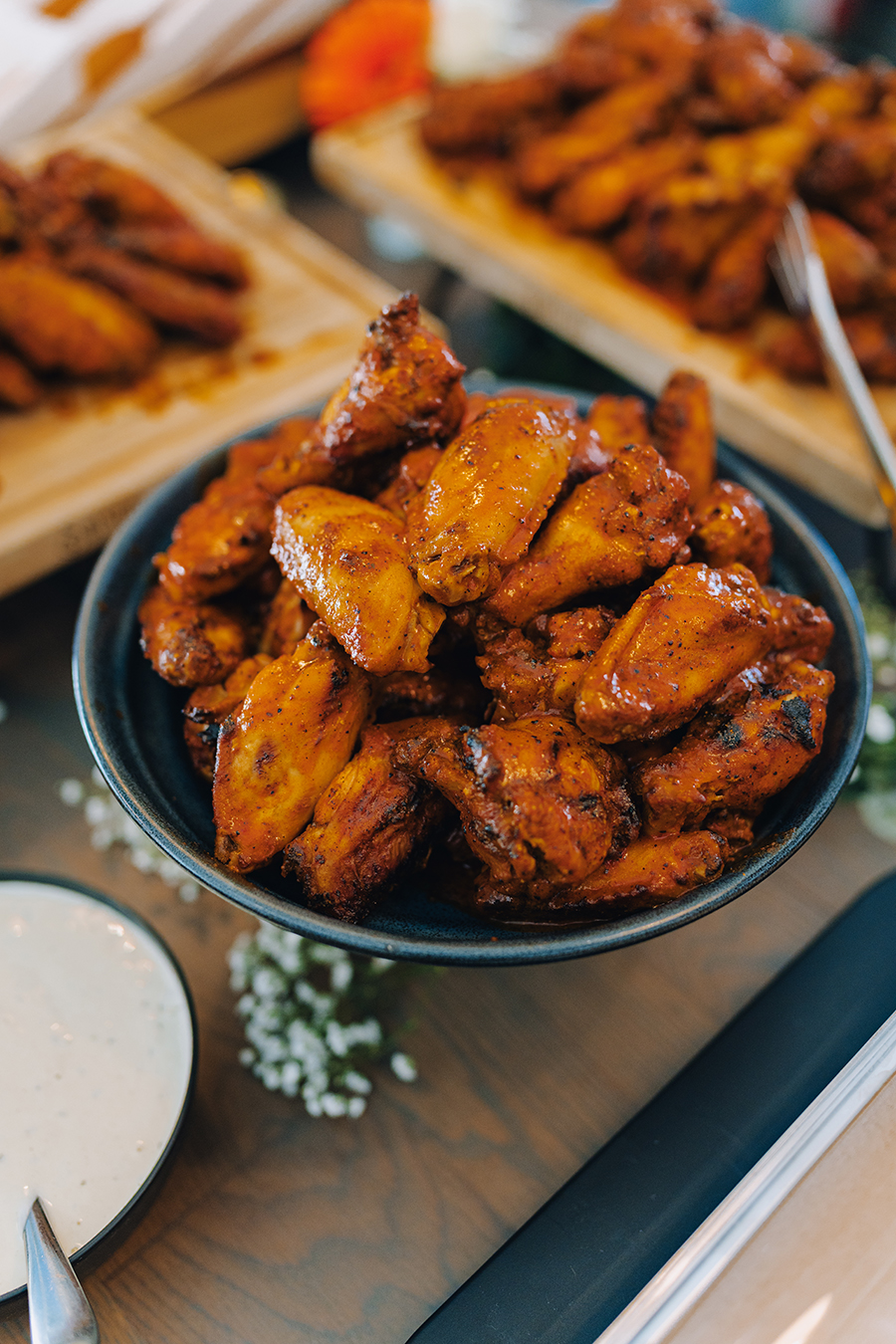 a bowl of chicken wings
