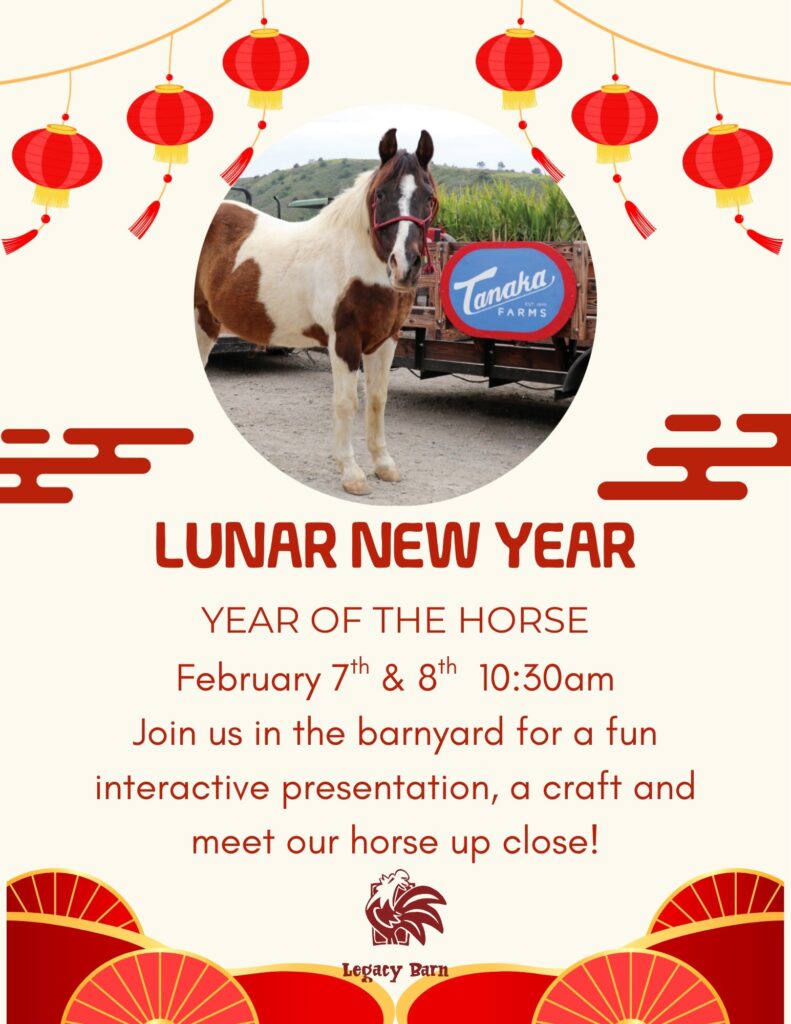 digital art flyers with a photo of a horse with a wagon behind it with the sign tanaka farms and text lunar new year year of the horse