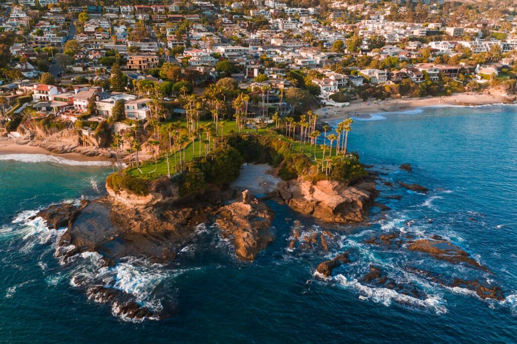 cliff with palm trees and beautiful houses on the coast of laguna beach