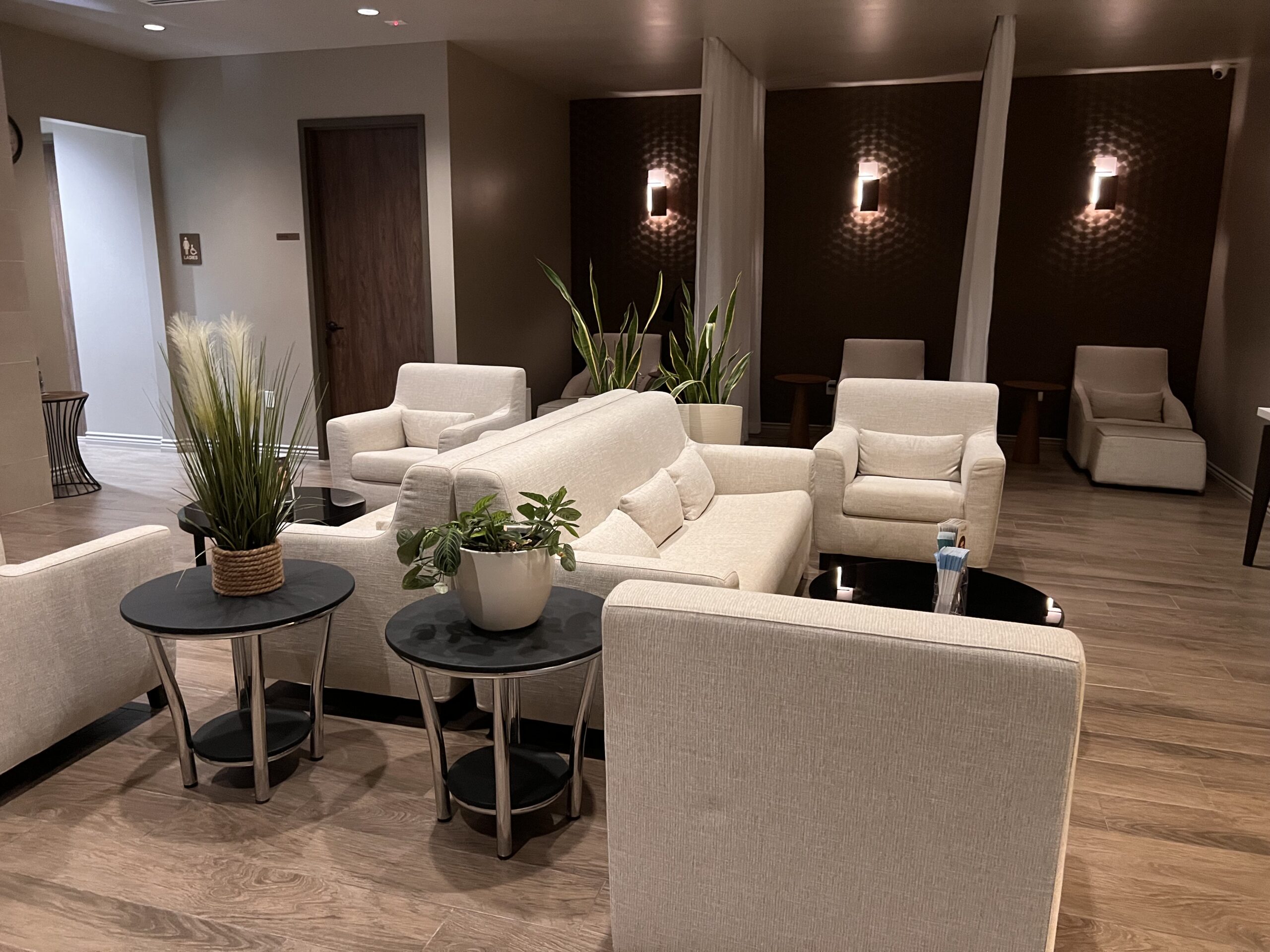 spa lobby with white sofas