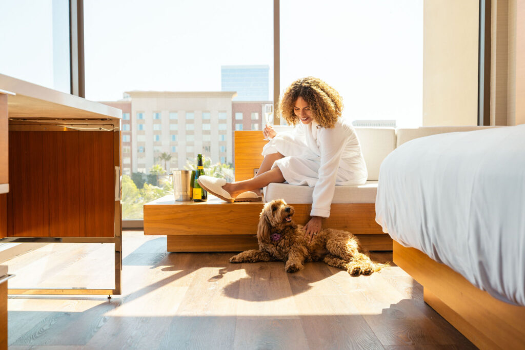 woman with curly brown hair sitting on lounge inside a hotel room overlooking high rise buildings patting a dog with a champagne bottle