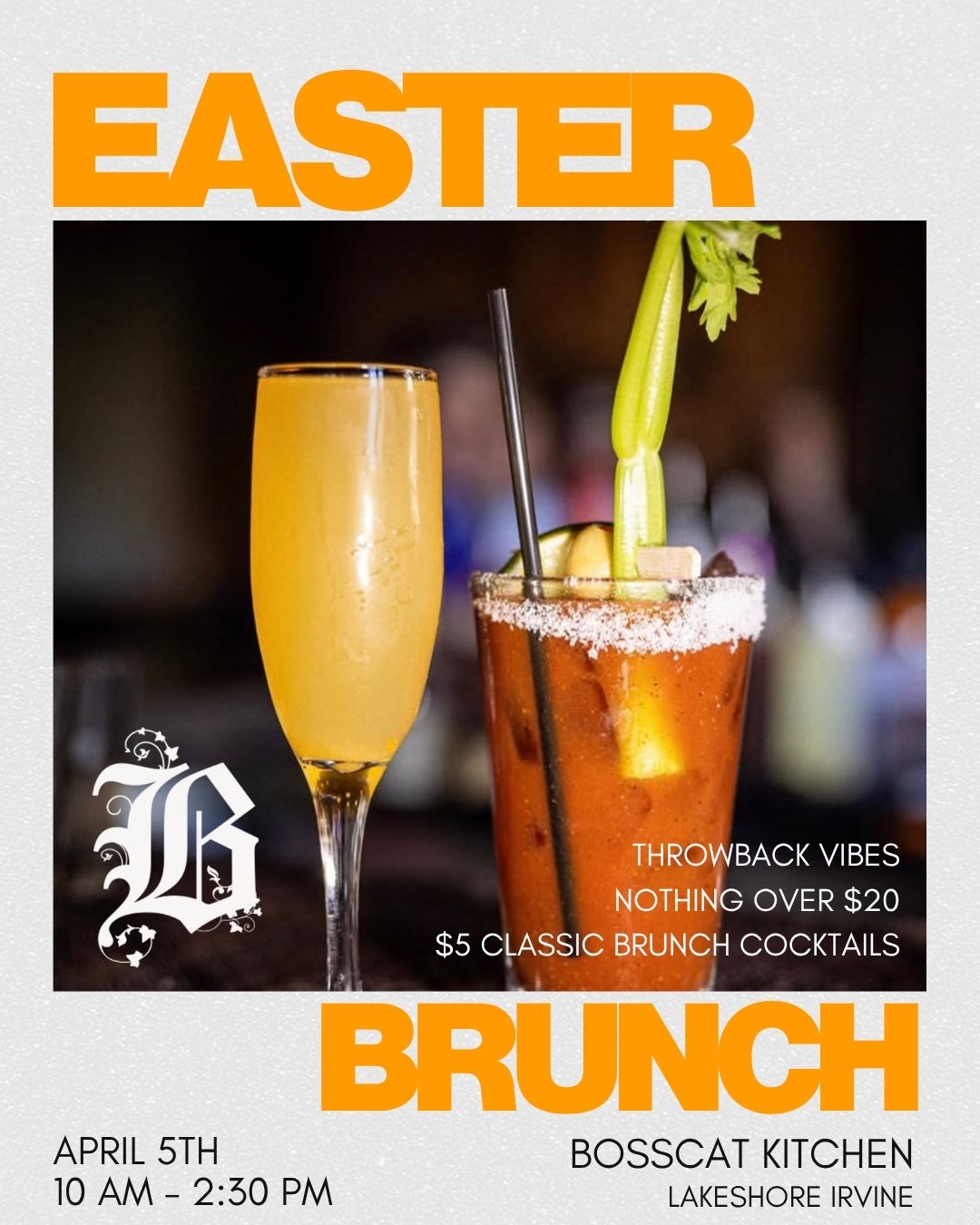 easter brunch poster for bosscat kitchen restaurant showing two cocktails