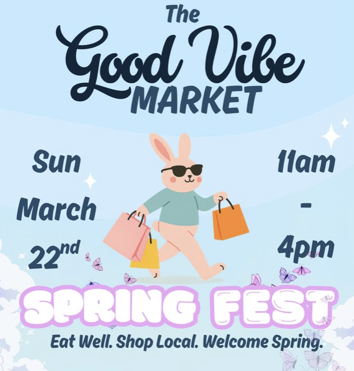 poster for The Good Vibe Market spring fest in irvine with a drawing of a rabbit with shopping bags
