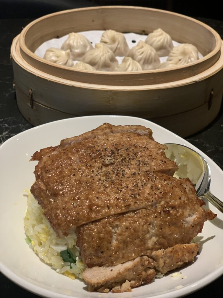 fried pork chop rice and xiao long bao