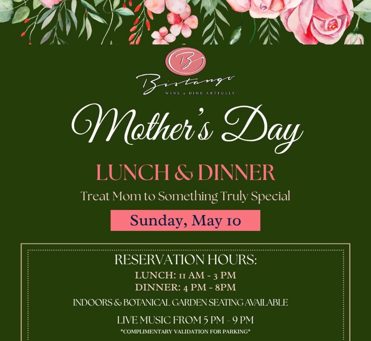 digital poster for mother's day lunch and dinner at bistango