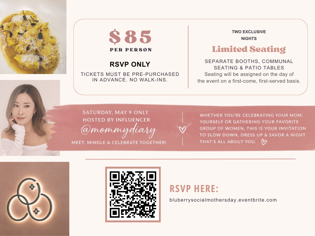 digital poster that shows the price of the mother's day event at bluberry social with photo of influencerwith instagram handle Mommy Diary. the poster includes a QR code to rsvp
