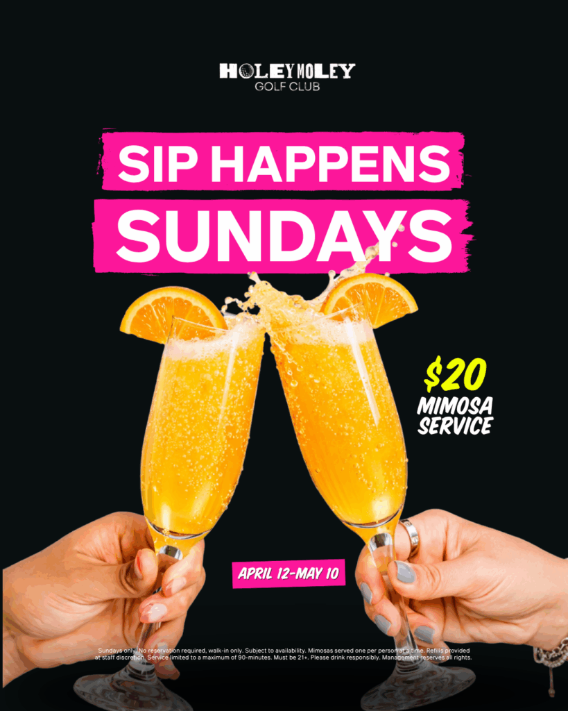digital poster for Sip Sunday promotion at Holey Moley taking place every Sundays. the photo shows two hands toasting two mimosas against a black background