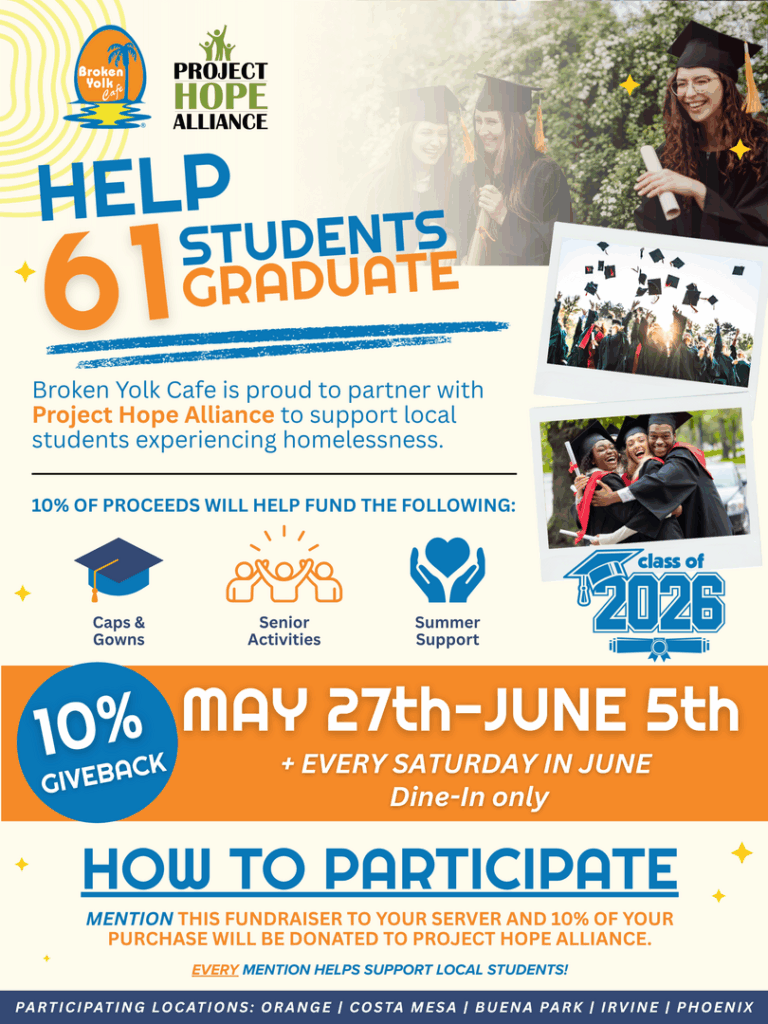 digital flyer for Broken Yolk Cafe fundraiser with text, Help 61 Students Graduate