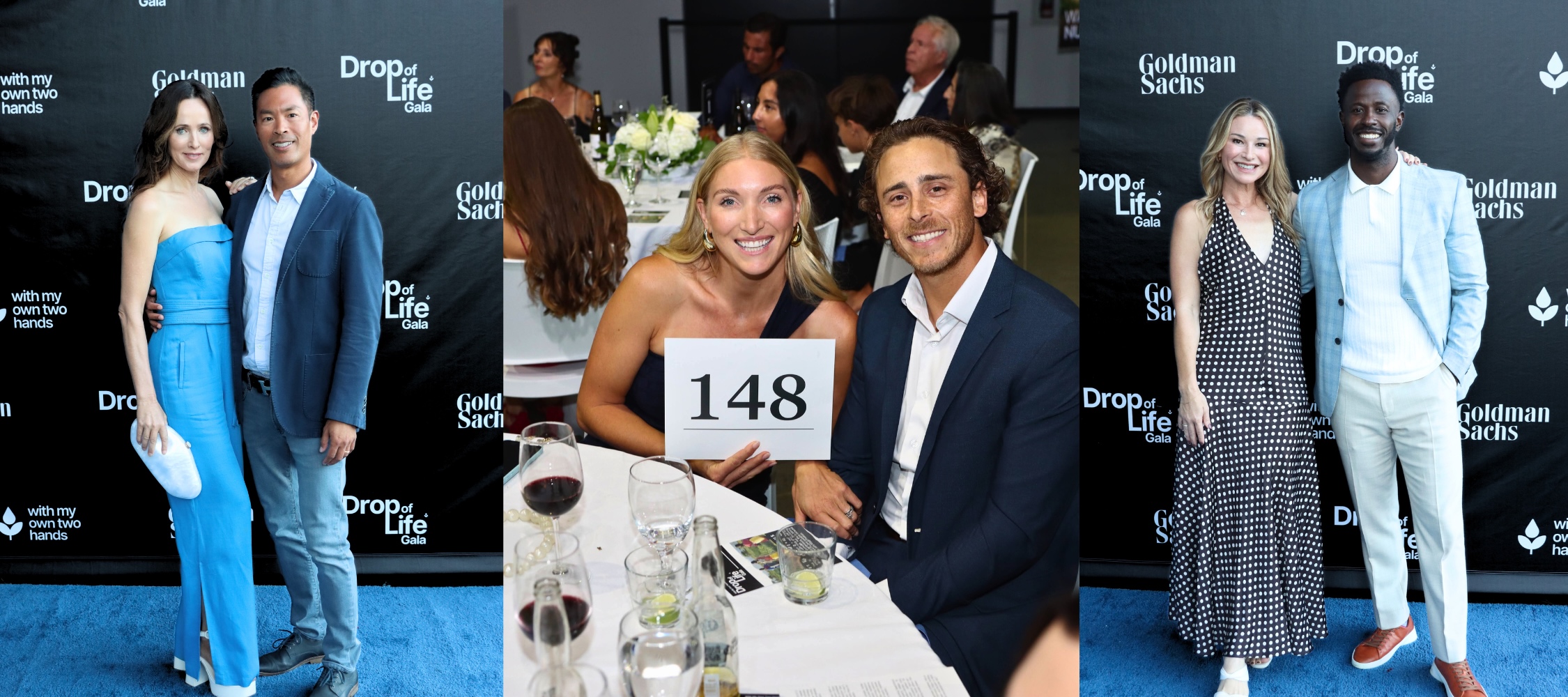 man and woman in formal attire sitting at a round table holding a sign with numbers 148