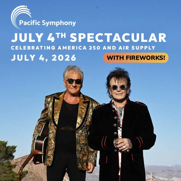 Digital poster for July 4th Spectacular by Pacific Symphony with two men in sunglasses and dark jackets