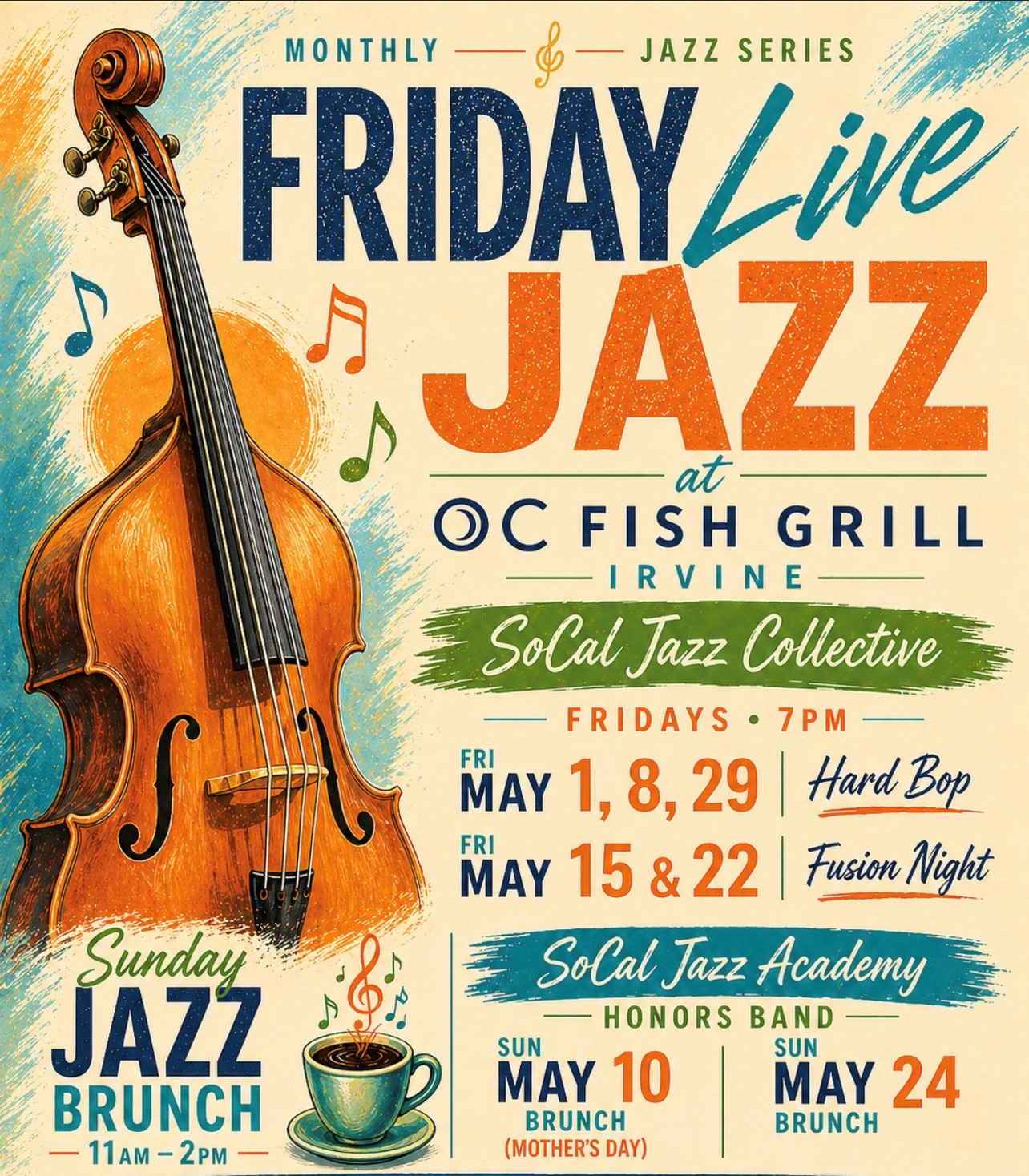 digital artwork for OC Fish Grill's SoCal Jazz Collective events