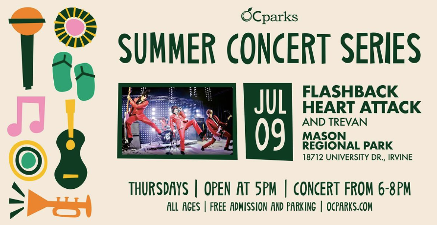 digital poster for oc parks summer concert series flashback heart attack