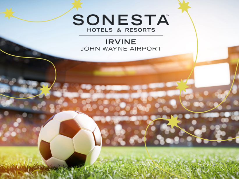 digital artwork for Sonesta soccer event with soccer ball on the grass and a stadium in the background