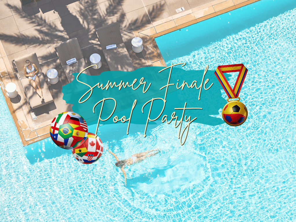 digital artwork for summer finale pool party with photo of pool and soccer balls and medal