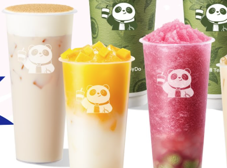 colorful drinks with fruits and panda design on the glasses