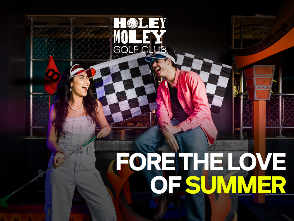 digital artwork for fore the love of summer at holey moley with a female and male in photo looking at each other