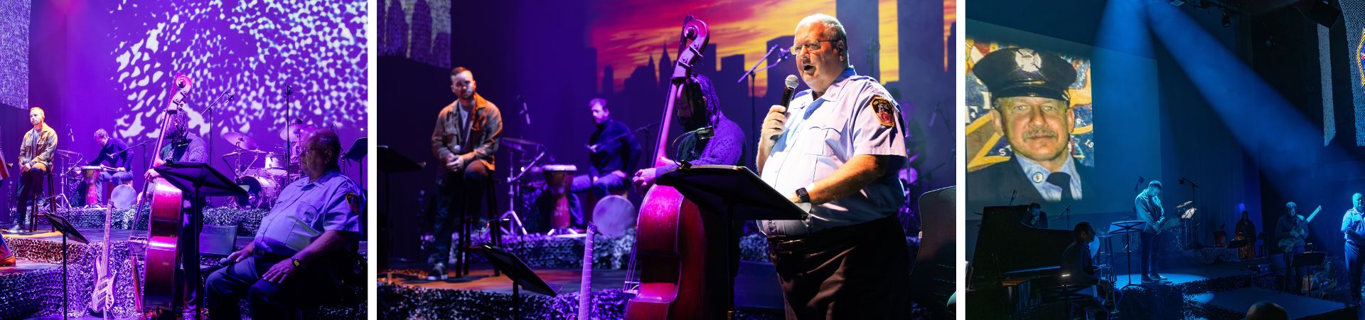 group of musicians onstage with elderly vocalist in white shirt holding a mic