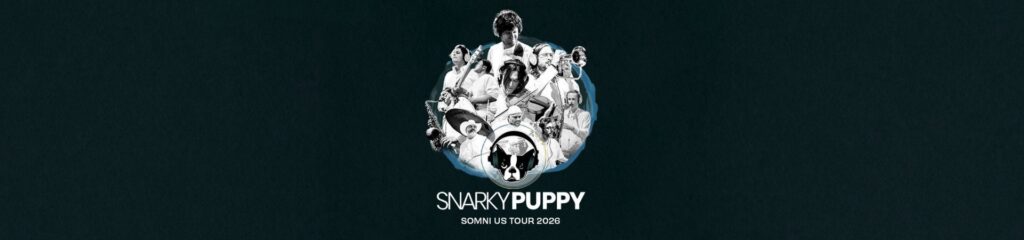 black and white digital poster of performing group called Snarky Puppy