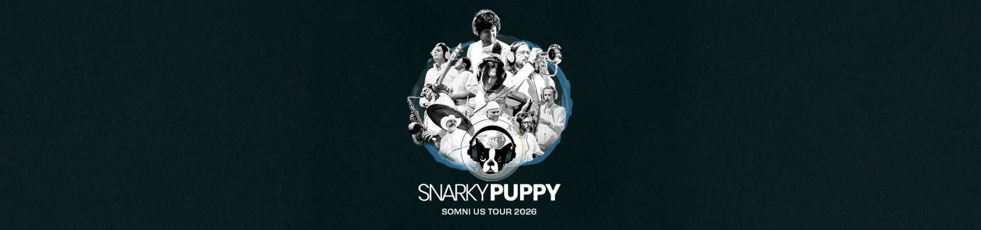 black and white digital poster of performing group called Snarky Puppy