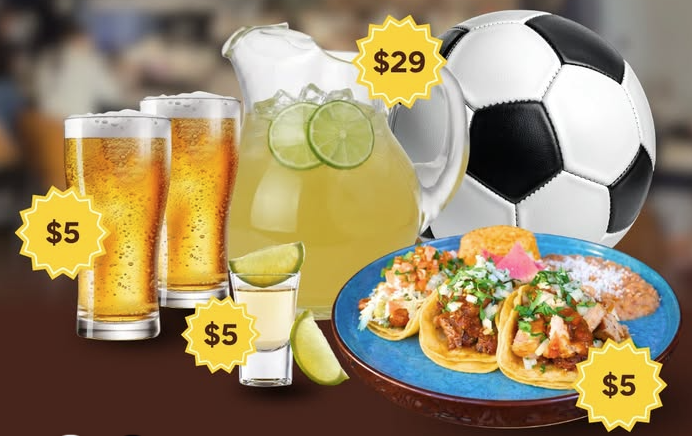 A digital artwork showing a plate of tacos, two glasses of beer, a pitcher of margarita, a tequila shot and soccer ball with corresponding pricing
