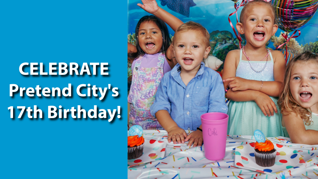 digital artwork for pretend city's birthday event with photo of children