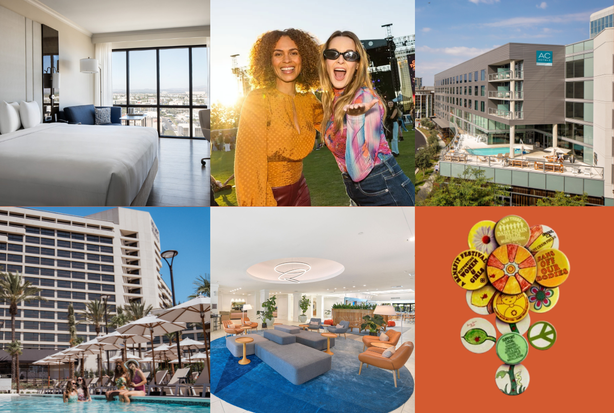six photo collage showing the daisy chain festival artwork which comprises of round pins, two girls in an outdoor event venue, a hotel lobby with blue sofas, a hotel room with a view of the city, a hotel pool with girls, a hotel structure with rooftop pool
