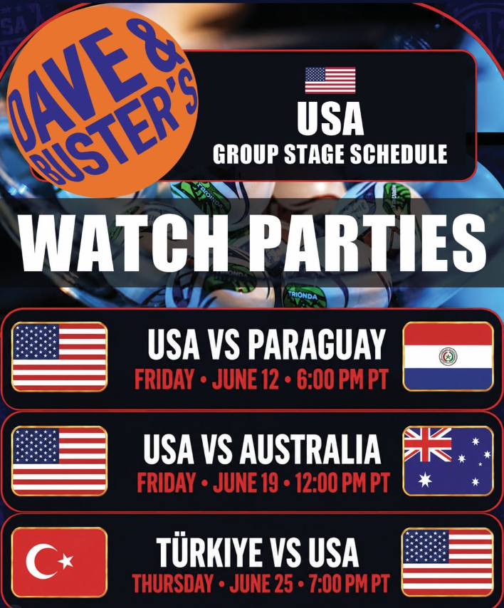 digital poster for dave and buster's watch parties showing game schedules