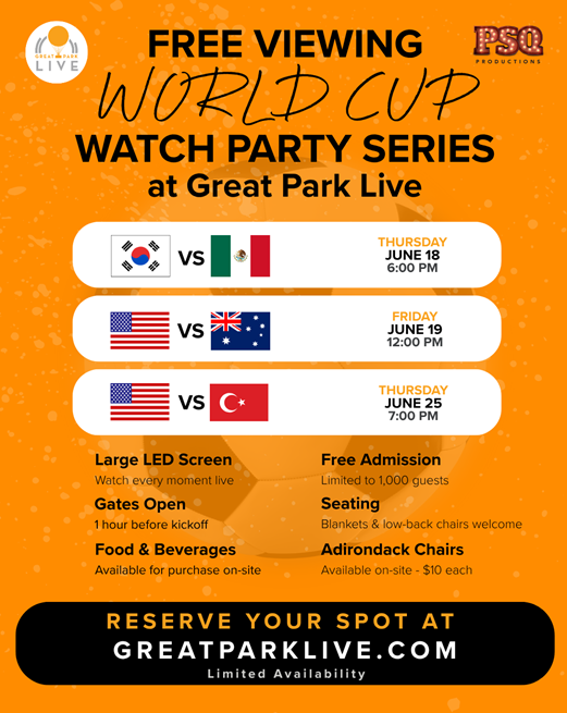 digital poster for the free viewing world cup watch party series at Great Park Live