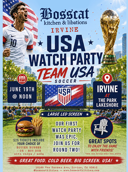 digital artwork for Team USA Watch Party at Bosscat Kitchen on June 19 showing a player, golden trophy, burger