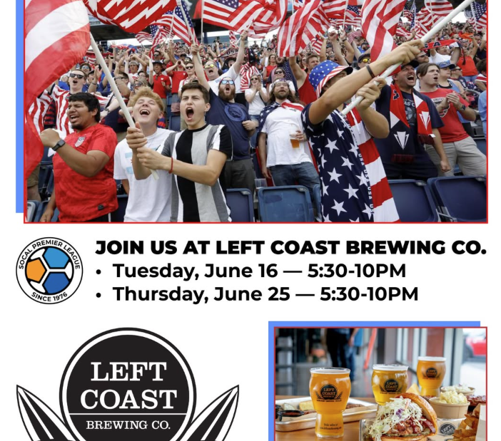 digital poster for watch party event with schedule at left coast brewing with photo of USA team soccer fans