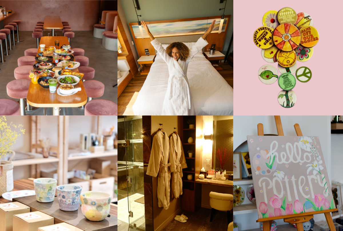 6 photo collage showing a restarant with pink stool and a rectangular table filled with breakfast items, a girl in a white bathroom about to lie down on her hotel bed, digital artwork of combined round pins, 3 ceramic glasses, a bathroom with shower, two robes, and vanity mirror, and a chalk board showing hello pottery