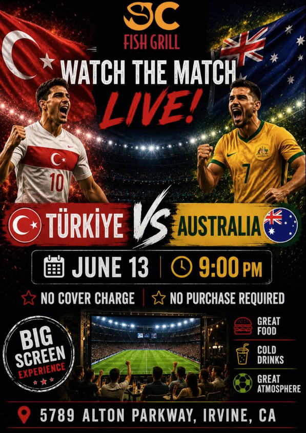 digital artwork for match day event at OC Fish Grill Turkey vs Australia