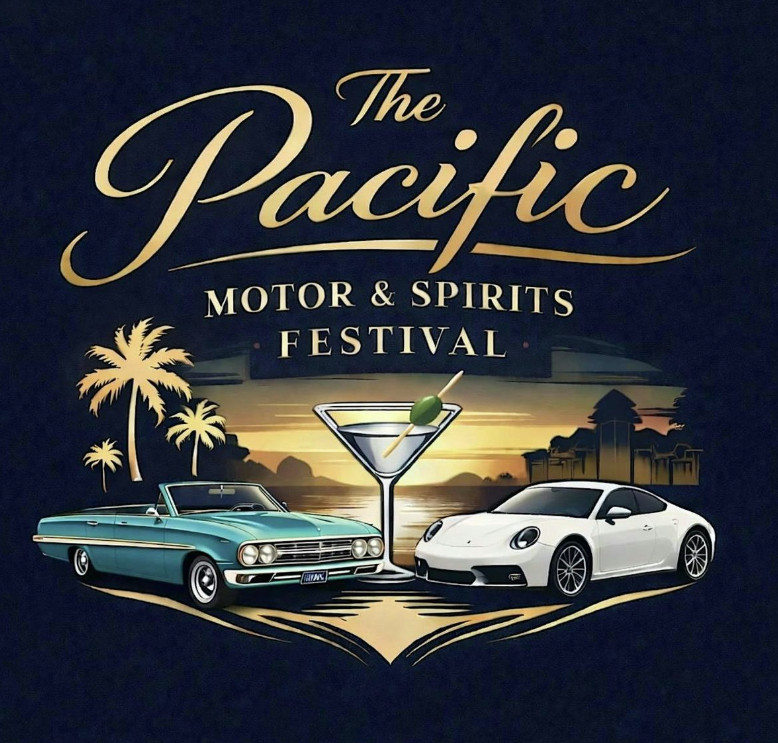 digital artwork for The Pacific Motor and Spirits Festival showing a martini glass and two cars